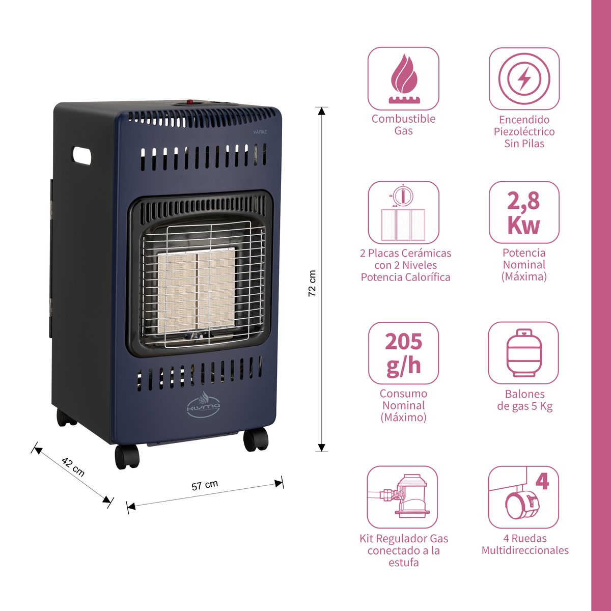 Estufa a Gas Interior 5 Kg 2,8 Kw VARME  Blue, marca KLYMA - Foto 2