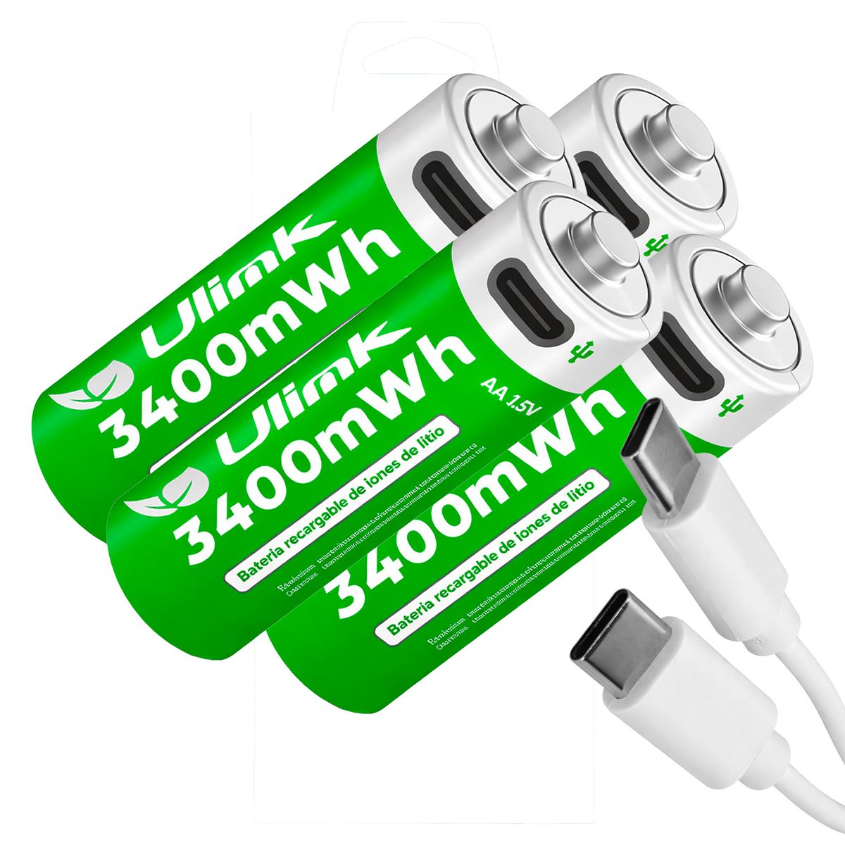 ULINK - Pack 4 Pilas Recargables AA Ulink Litio USB-C 3400mWh 1.5V Carga Directa