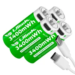 ULINK - Pack 4 Pilas Recargables AA Litio USB-C 3400mWh 1.5V Carga Directa