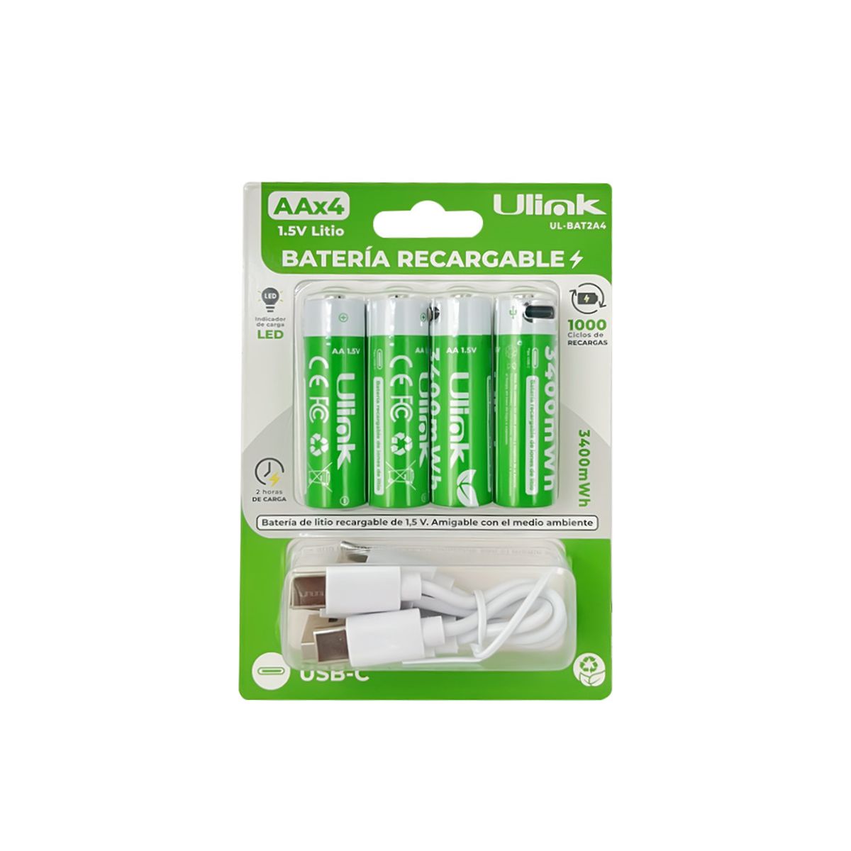ULINK - Pack 4 Pilas Recargables AA Ulink Litio USB-C 3400mWh 1.5V Carga Directa