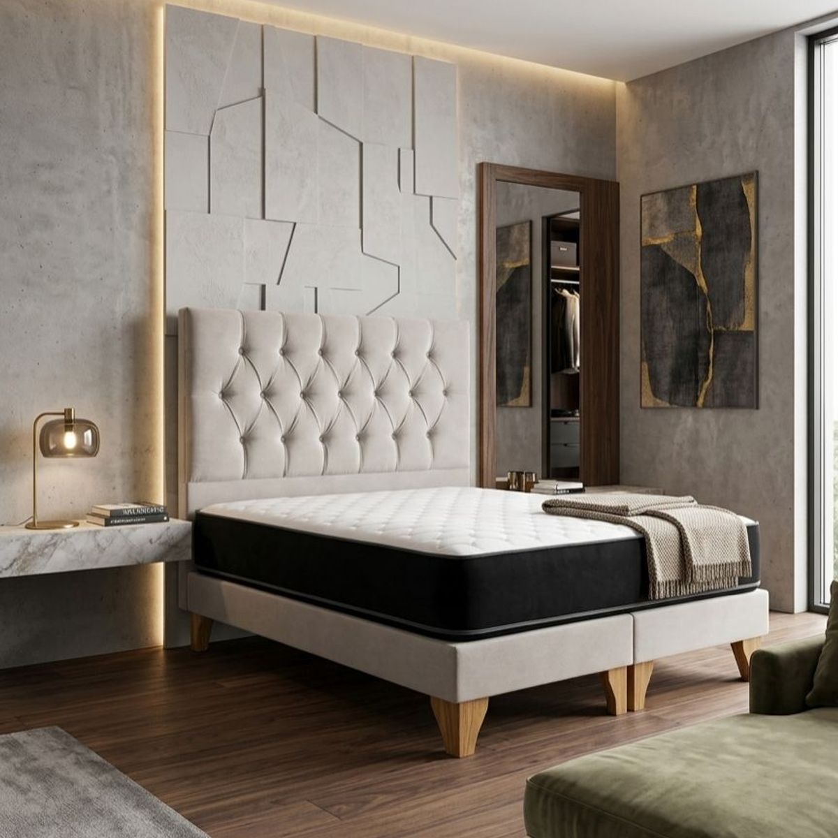 GENERICO - Set Cama 2 Plazas con Colchón Bonell Tapizado + Respaldo Capitone Beige