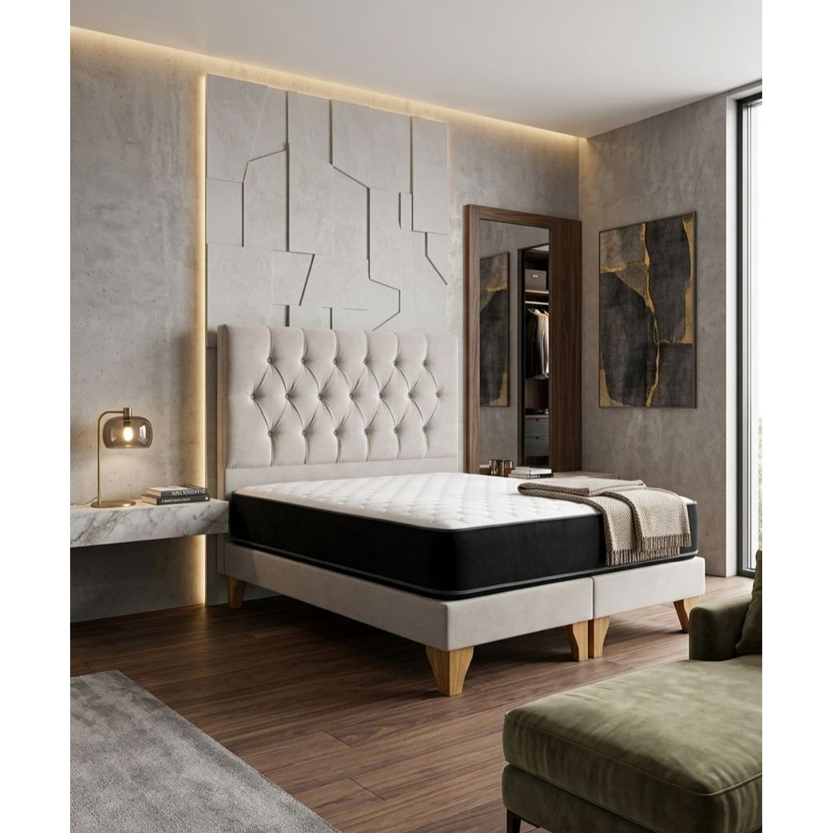 GENERICO - Set Cama 2 Plazas con Colchón Bonell Tapizado + Respaldo Capitone Beige