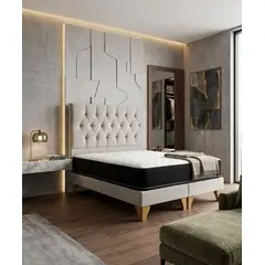 GENERICO - Set Cama 2 Plazas con Colchón Bonell Tapizado + Respaldo Capitone Beige