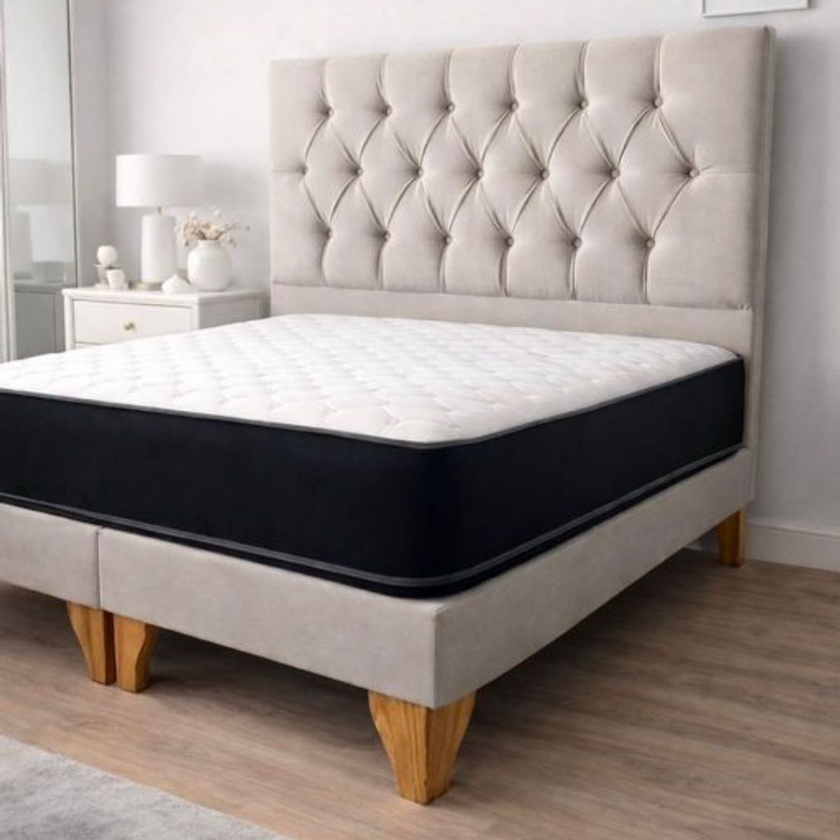 GENERICO - Set Cama 2 Plazas con Colchón Bonell Tapizado + Respaldo Capitone Beige
