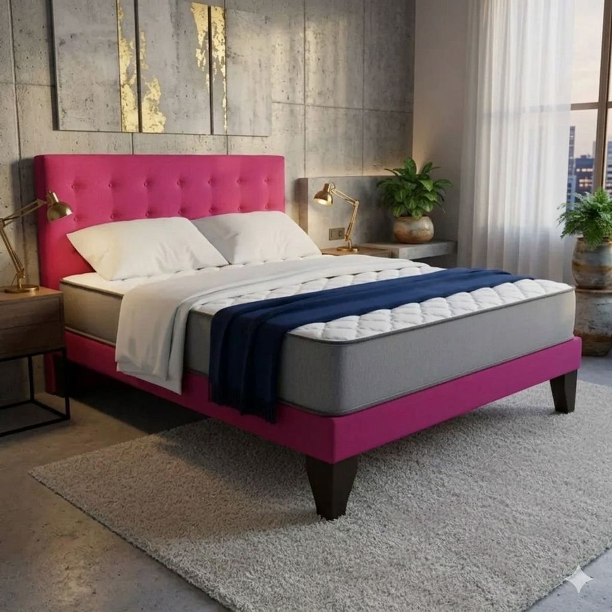 GENERICO - Cama Europea 2 Plazas Base Dividida + Respaldo Abotonado Fucsia