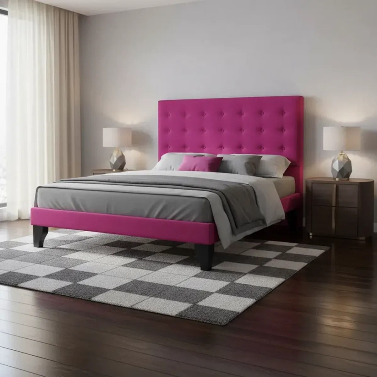 GENERICO - Cama Europea 2 Plazas Base Dividida + Respaldo Abotonado Fucsia