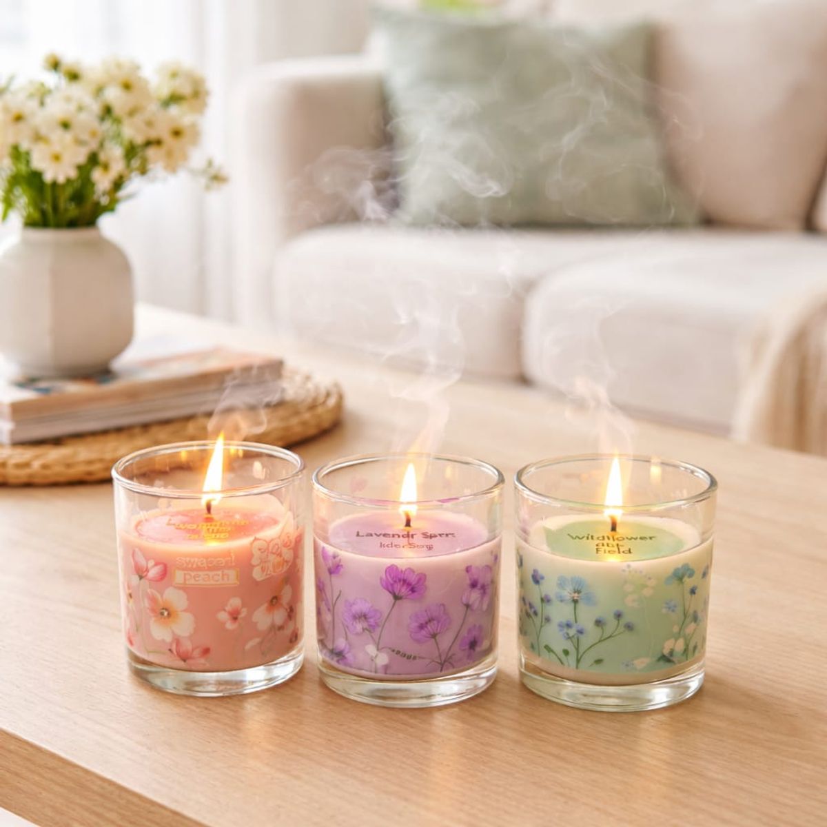 BYB - Set 9 Velas aromáticas en frascos de vidrio fragancia lavanda, durazno y flores silvestre