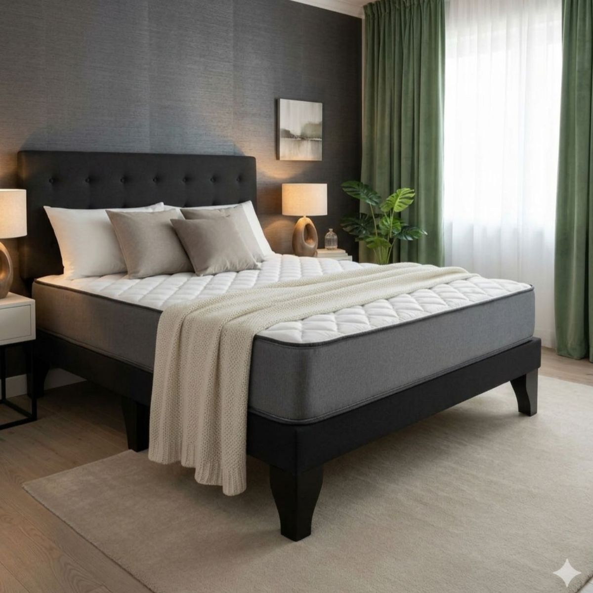 GENERICO - Cama Europea 2 Plazas Base Dividida + Respaldo Franjas Negro + Colchon Funcional