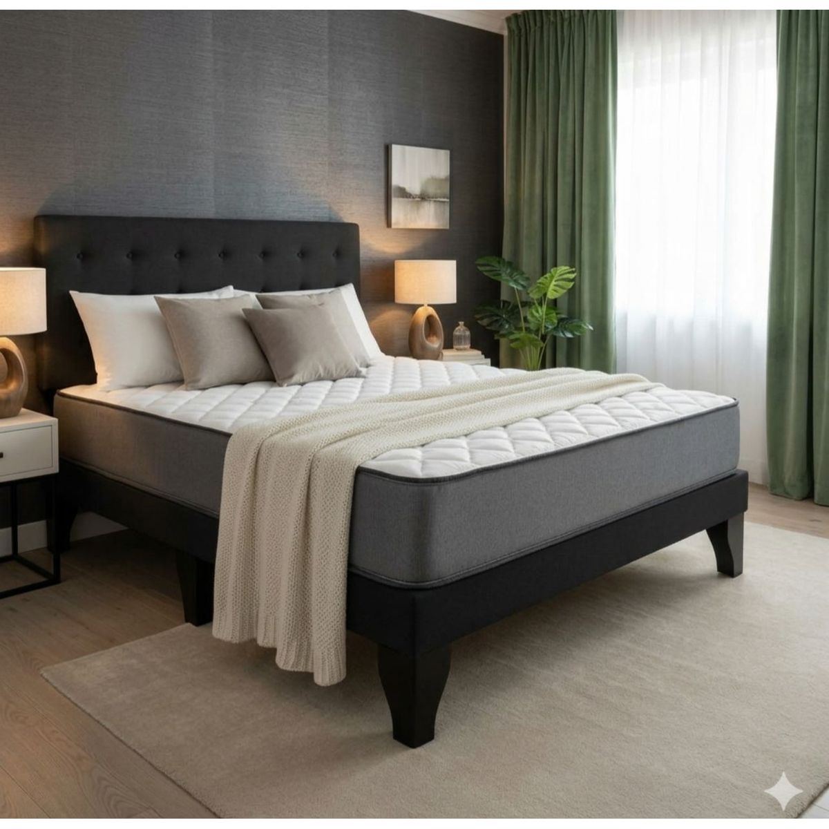 GENERICO - Cama Europea 2 Plazas Base Dividida + Respaldo Franjas Negro + Colchon Funcional