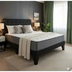 GENERICO - Cama Europea 2 Plazas Base Dividida + Respaldo Franjas Negro + Colchon Funcional