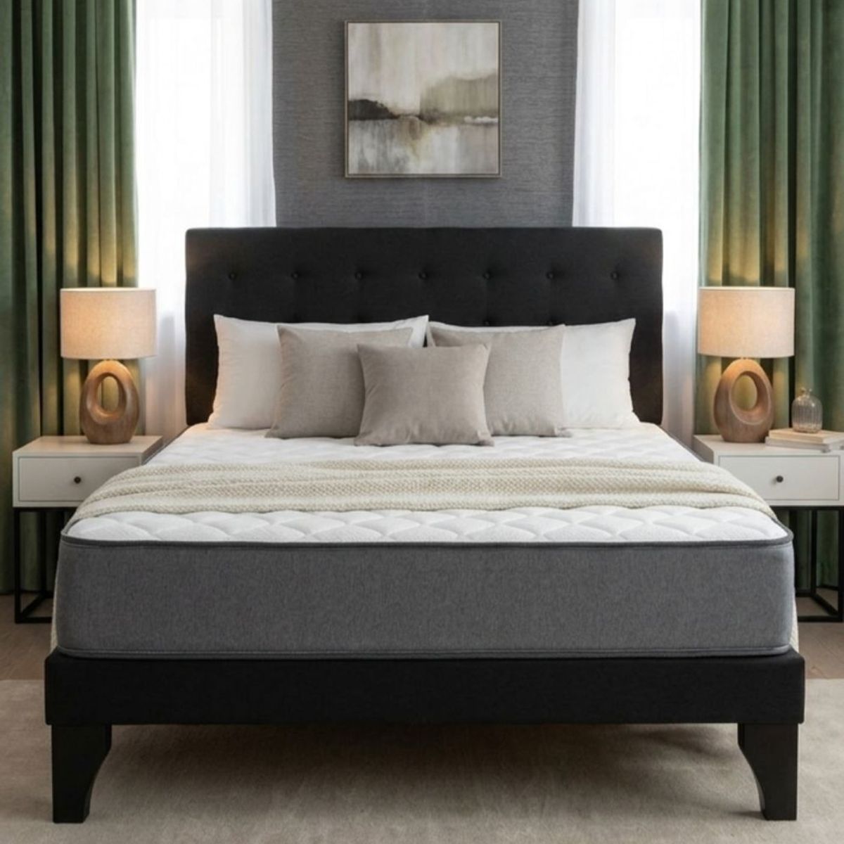 GENERICO - Cama Europea 2 Plazas Base Dividida + Respaldo Franjas Negro + Colchon Funcional