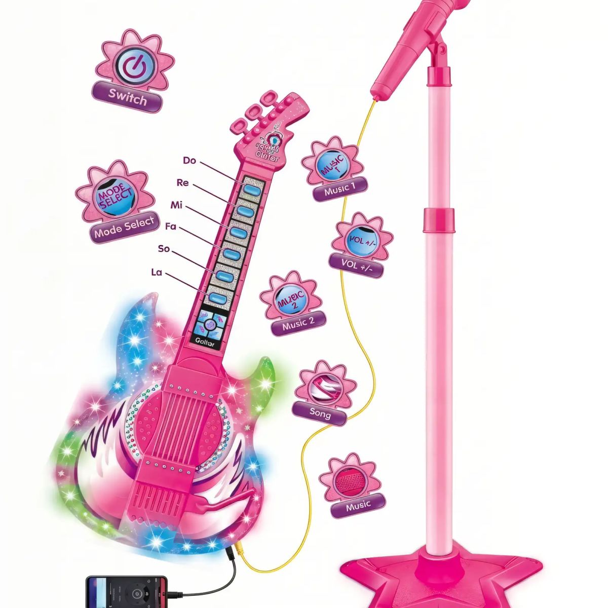 GENERICO - PACK DE JUGUETE GUITARRA CON MICROFONO Y PEDESTAL CON LUCES LED COLOR ROSADO