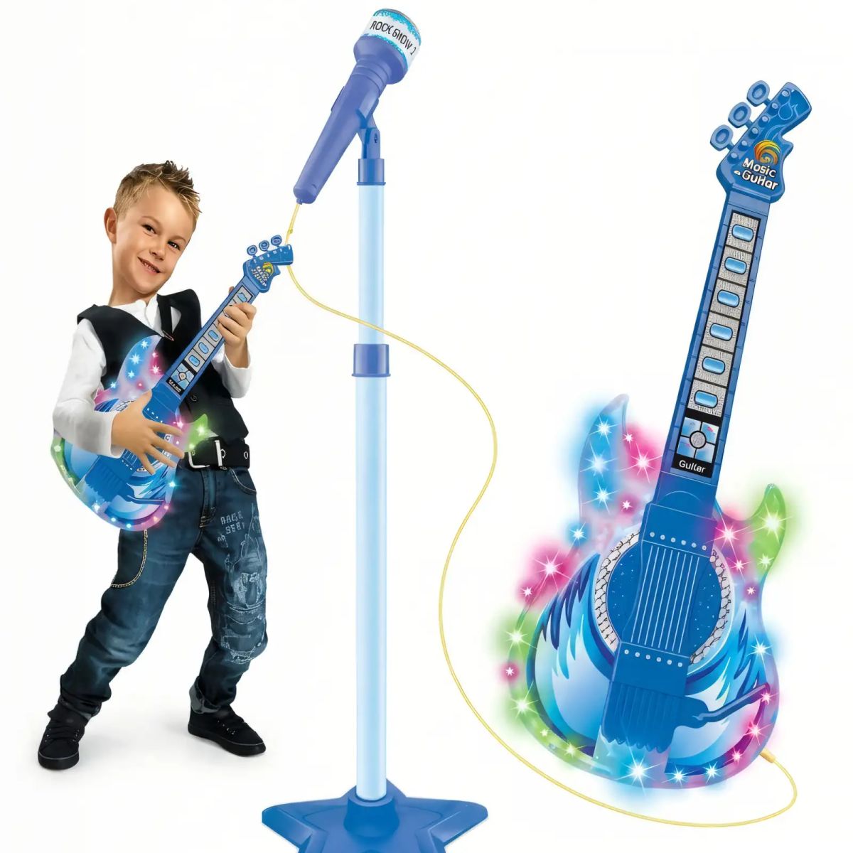 GENERICO - PACK DE JUGUETE GUITARRA, MICROFONO Y SOPORTE CON LUCES LED COLOR AZUL