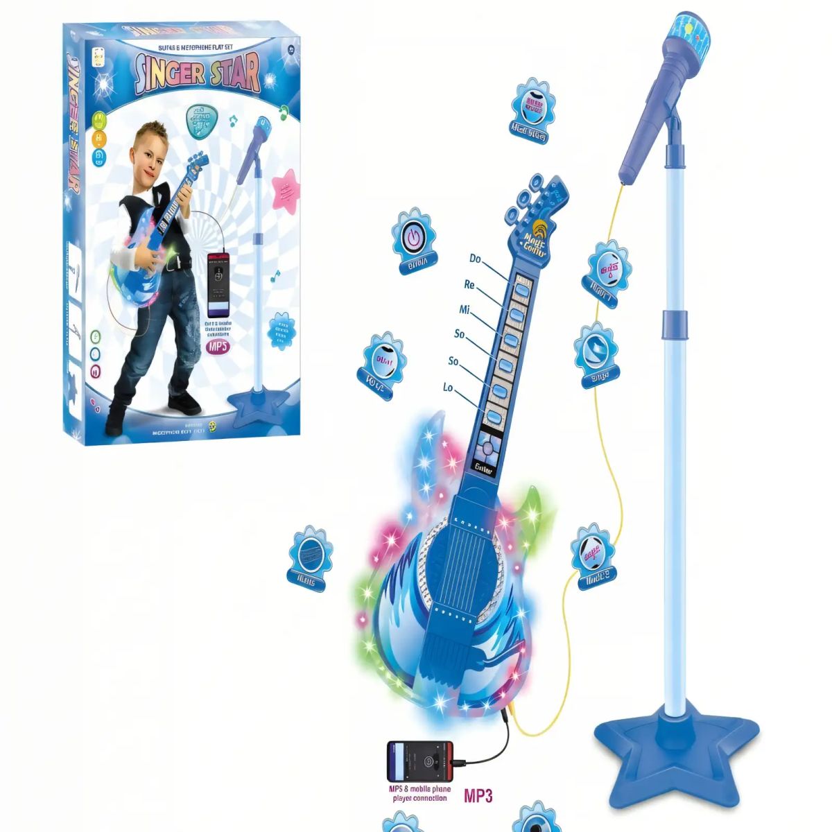 GENERICO - PACK DE JUGUETE GUITARRA, MICROFONO Y SOPORTE CON LUCES LED COLOR AZUL