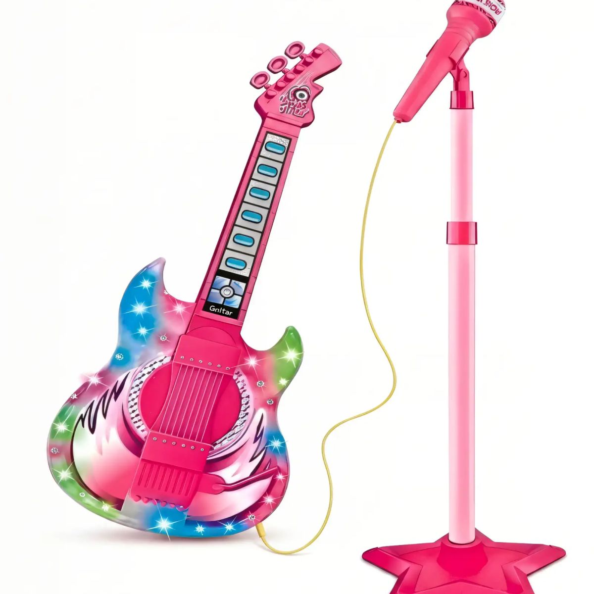 GENERICO - PACK DE JUGUETE GUITARRA, MICROFONO Y SOPORTE CON LUCES LED COLOR ROSADO