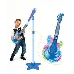 GENERICO - PACK GUITARRA, MICROFONO Y SOPORTE CON LUCES LED DE JUGUETES PARA NIÑOS Y NIÑAS COLOR AZUL
