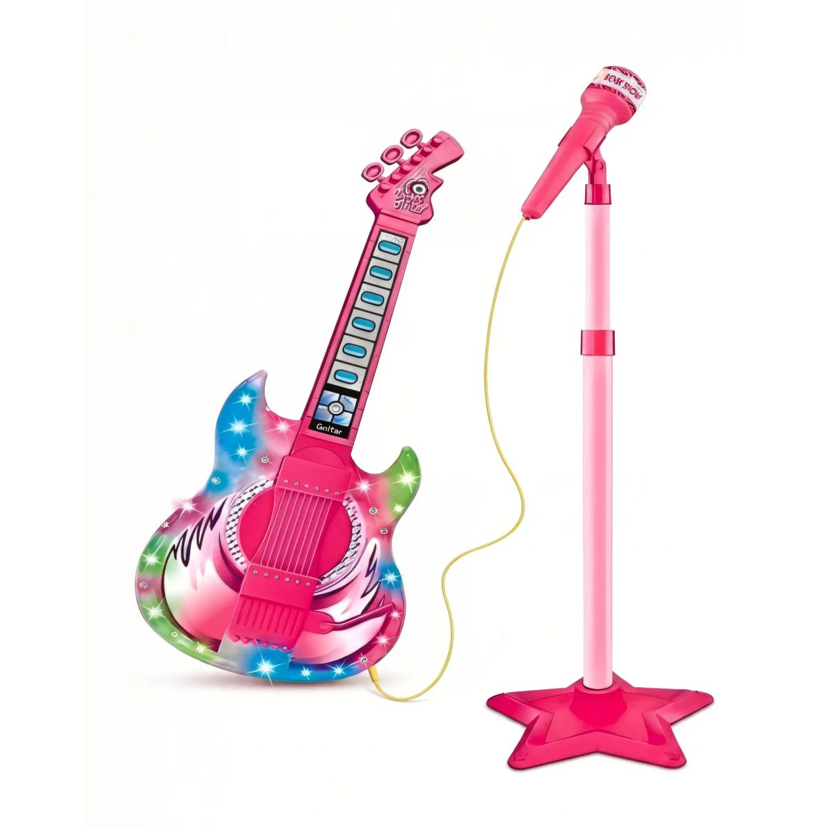 GENERICO - PACK GUITARRA, MICROFONO Y SOPORTE CON LUCES LED DE JUGUETES PARA NIÑOS Y NIÑAS COLOR ROSADO