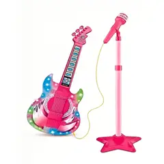 GENERICO - PACK GUITARRA, MICROFONO Y SOPORTE CON LUCES LED DE JUGUETES PARA NIÑOS Y NIÑAS COLOR ROSADO