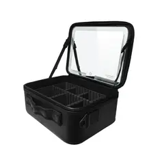 TASBEL - Cosmetiquero de Viaje con Espejo LED Recargable Organizador Maquillaje 25x22cm Negro Rosa
