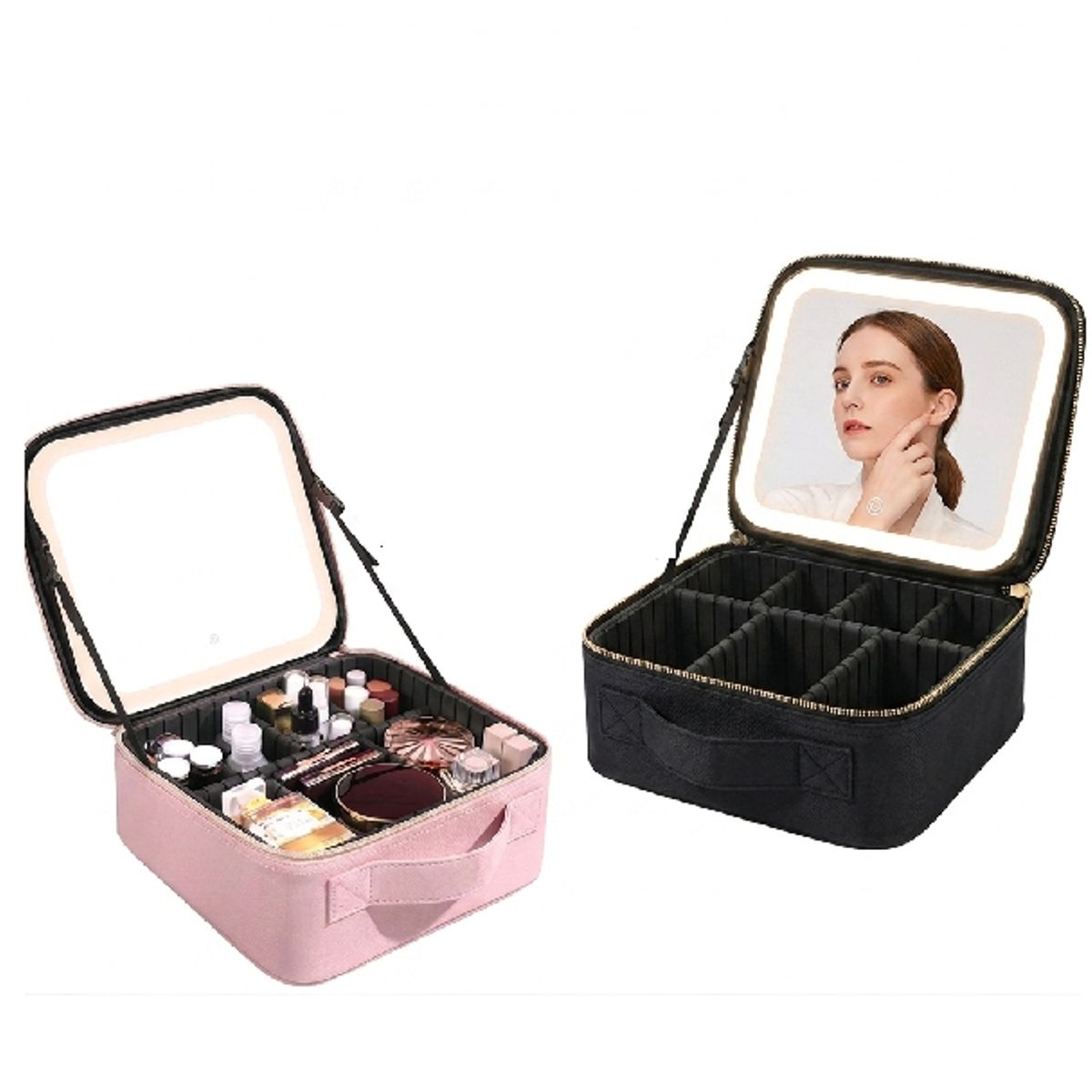 TASBEL - Cosmetiquero de Viaje con Espejo LED Recargable Organizador Maquillaje 25x22cm Negro Rosa Tasbel