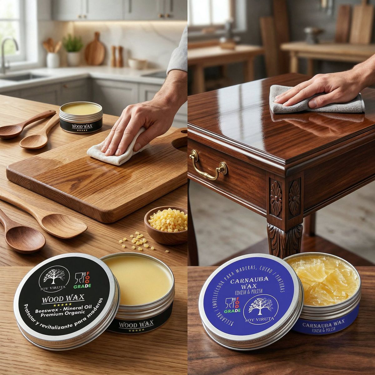 SOY VIRUTA - Pack Cera para Madera Chile - Cera de Abejas 100 ml + Carnauba 100 ml