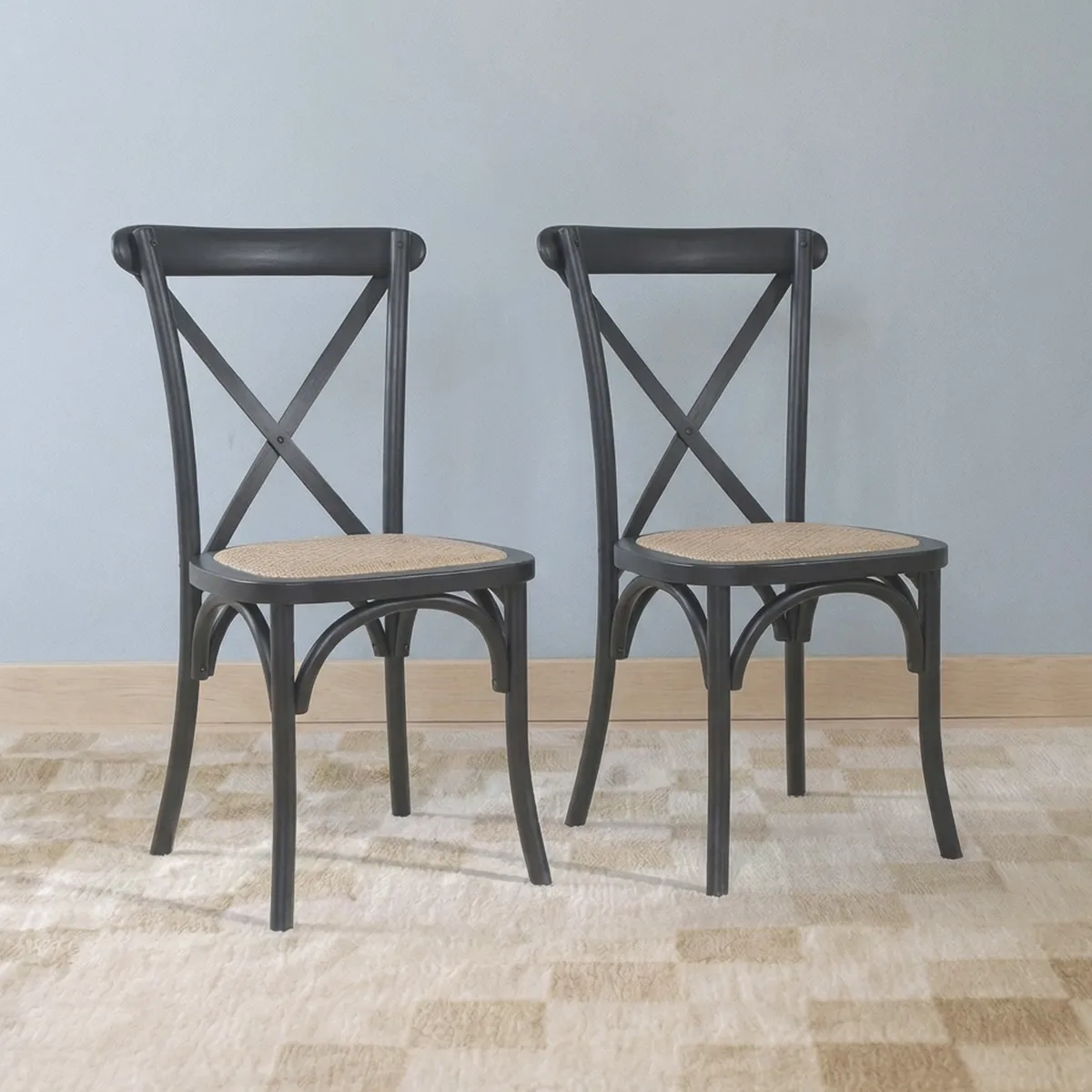 VENHOOUSE - Pack 2 Sillas Comedor Madera Negra Rattan Apilables Crossback Venhoouse