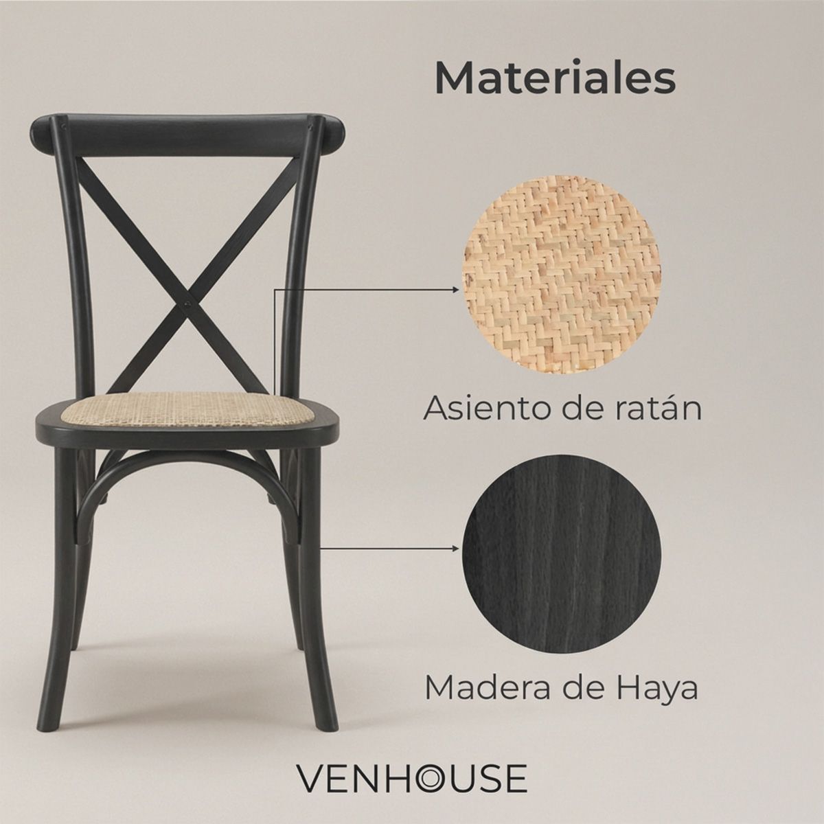 VENHOOUSE - Pack 2 Sillas Comedor Madera Negra Rattan Apilables Crossback Venhoouse