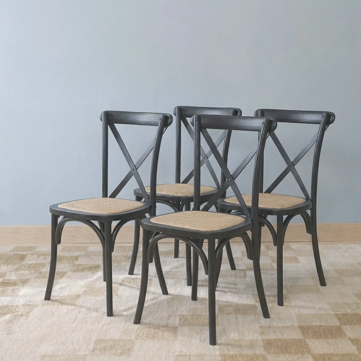 VENHOOUSE - Pack 4 Sillas Comedor Madera Negra Rattan Apilables Crossback Venhoouse