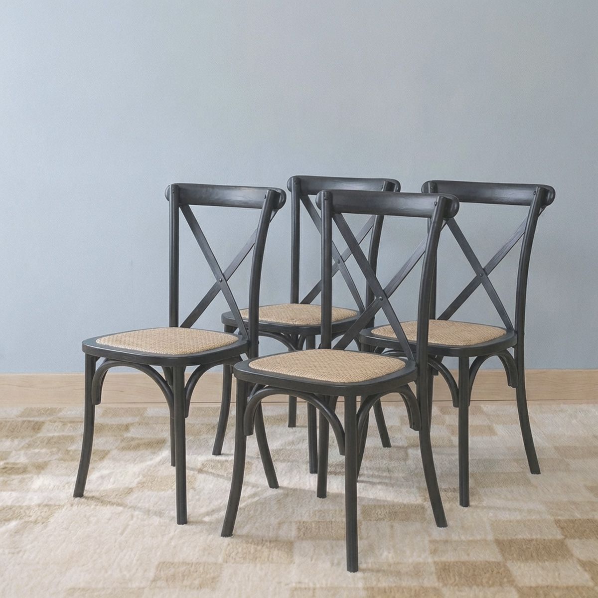VENHOOUSE - Pack 4 Sillas Comedor Madera Negra Rattan Apilables Crossback Venhoouse