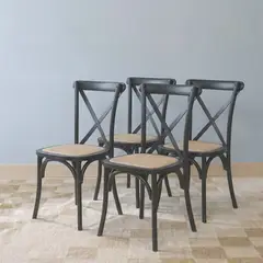 VENHOOUSE - Pack 4 Sillas Comedor Madera Negra Rattan Apilables Crossback