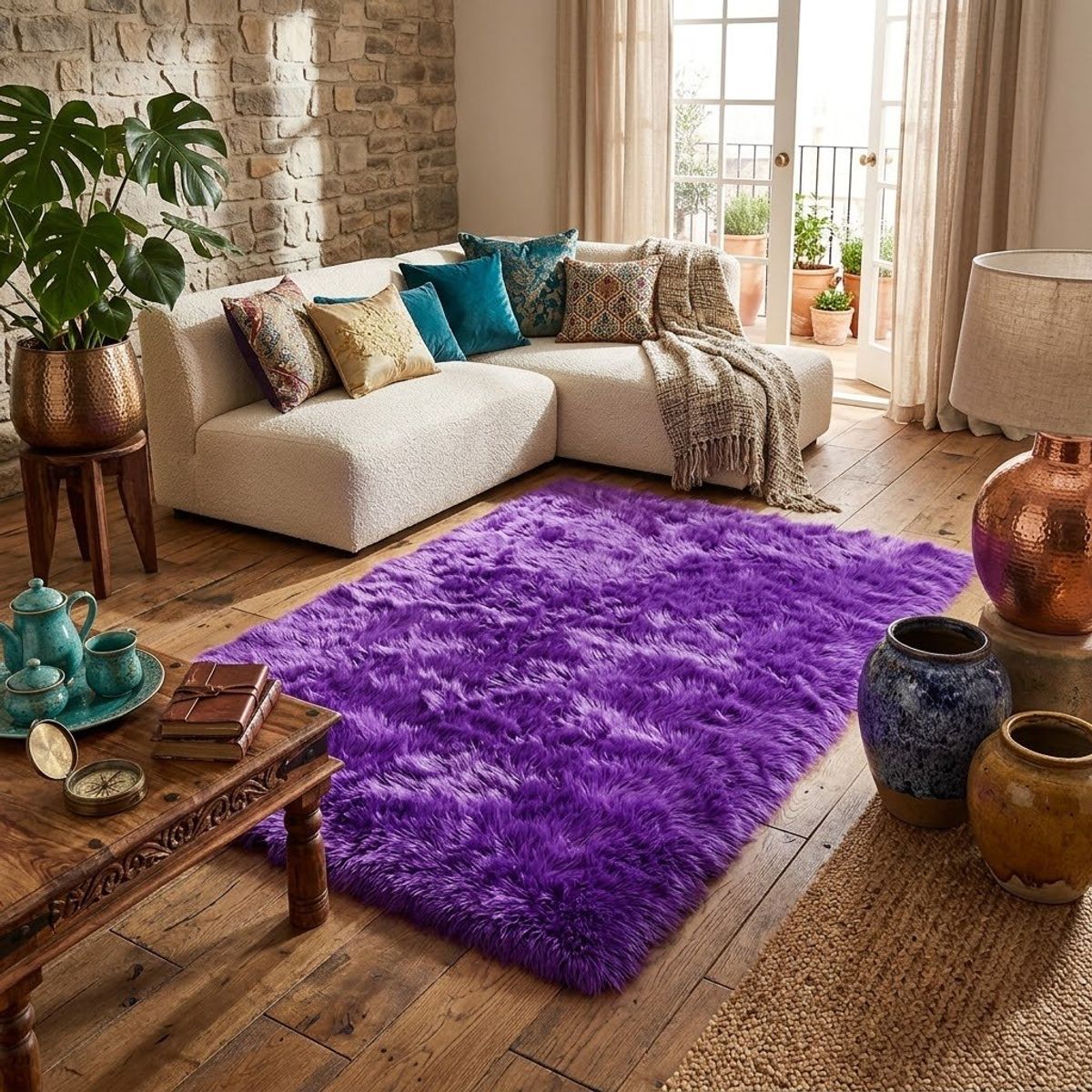 DIANA - ALFOMBRA PELUDA TIPO SHAGGY DE 150CM X 150CM COLOR MORADO JASPEADO