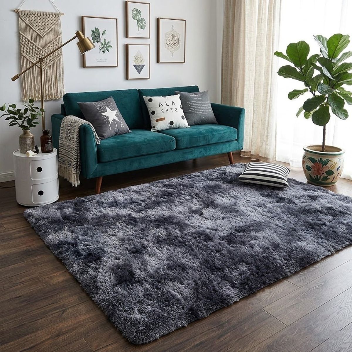 DIANA - ALFOMBRA PELUDA TIPO SHAGGY DE 150CM X 150CM COLOR GRIS JASPEADO