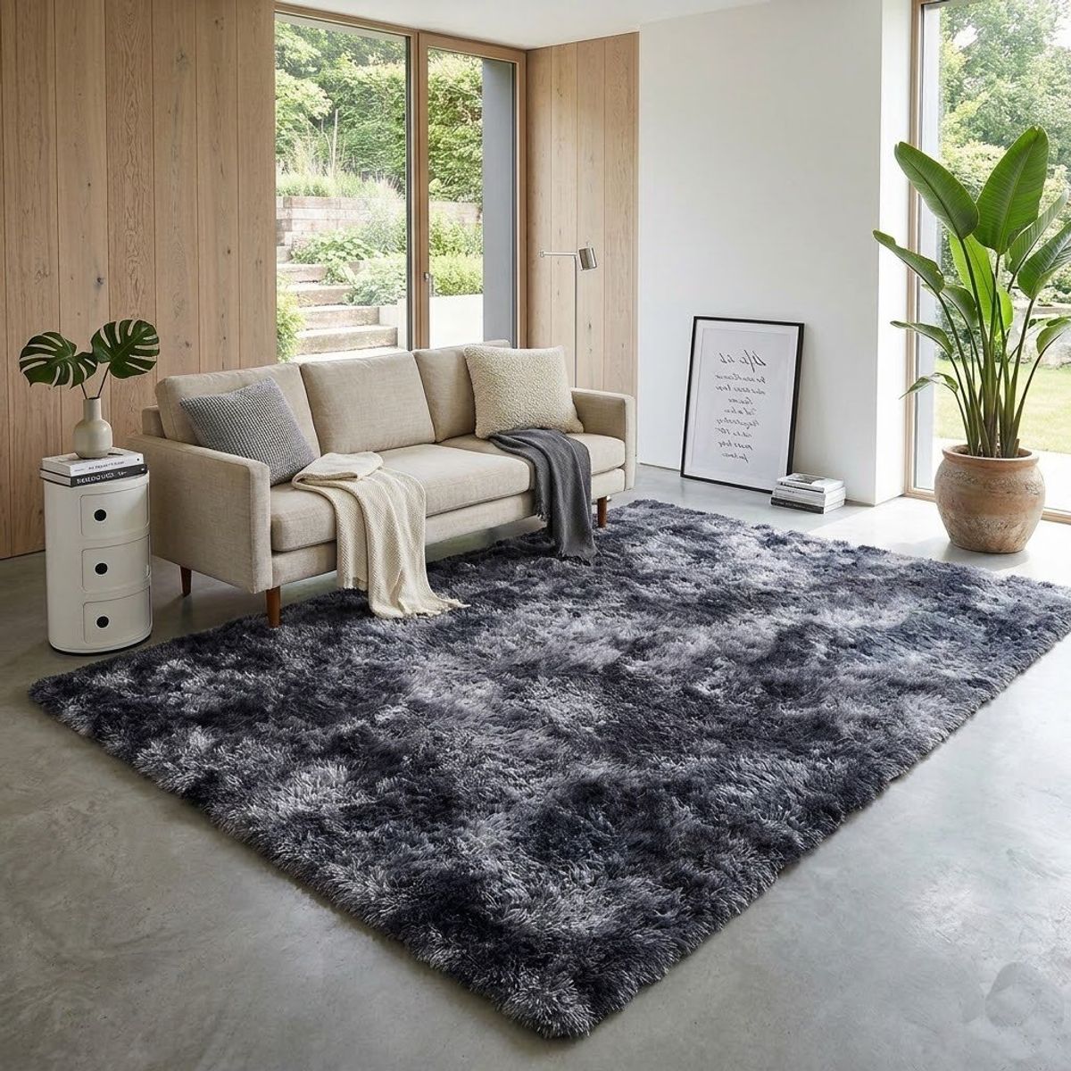 DIANA - ALFOMBRA PELUDA TIPO SHAGGY DE 150CM X 150CM COLOR GRIS JASPEADO