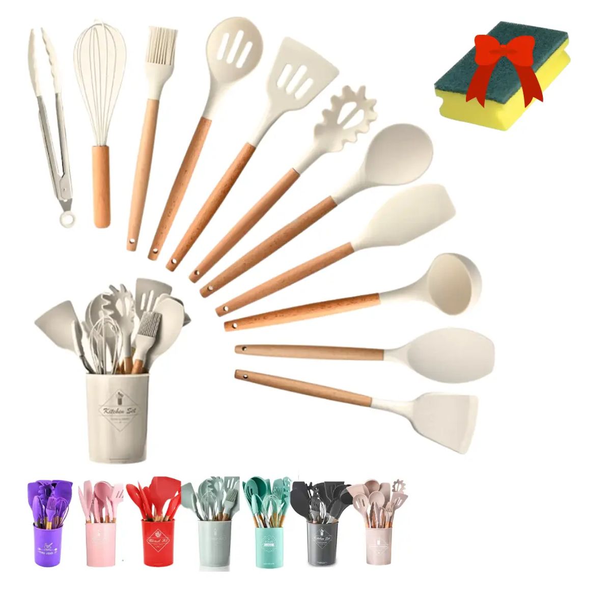 GENERICO - Set Utensilios Silicona Madera Cocina Color Beige