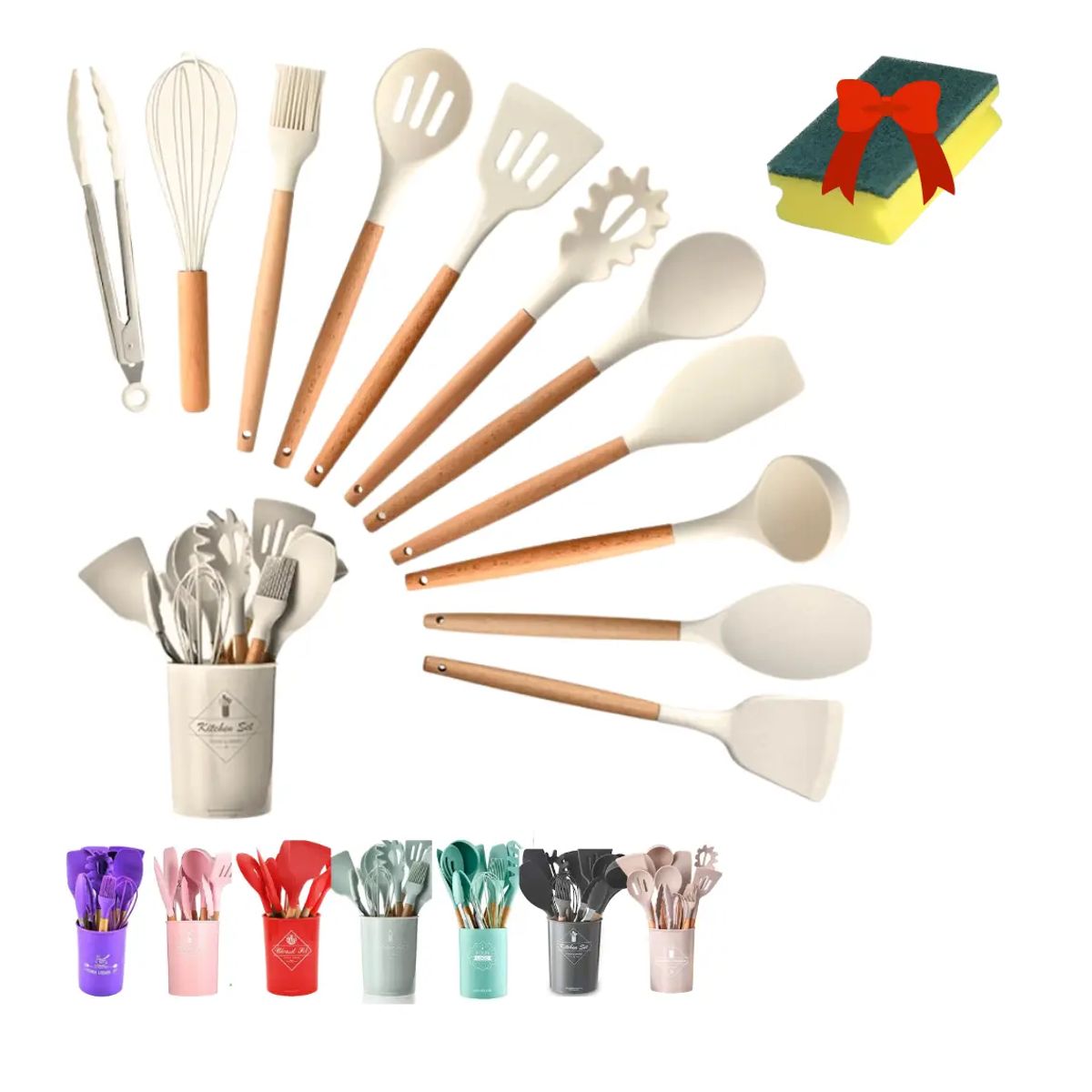 GENERICO - Set Utensilios Silicona Madera Cocina Color Beige
