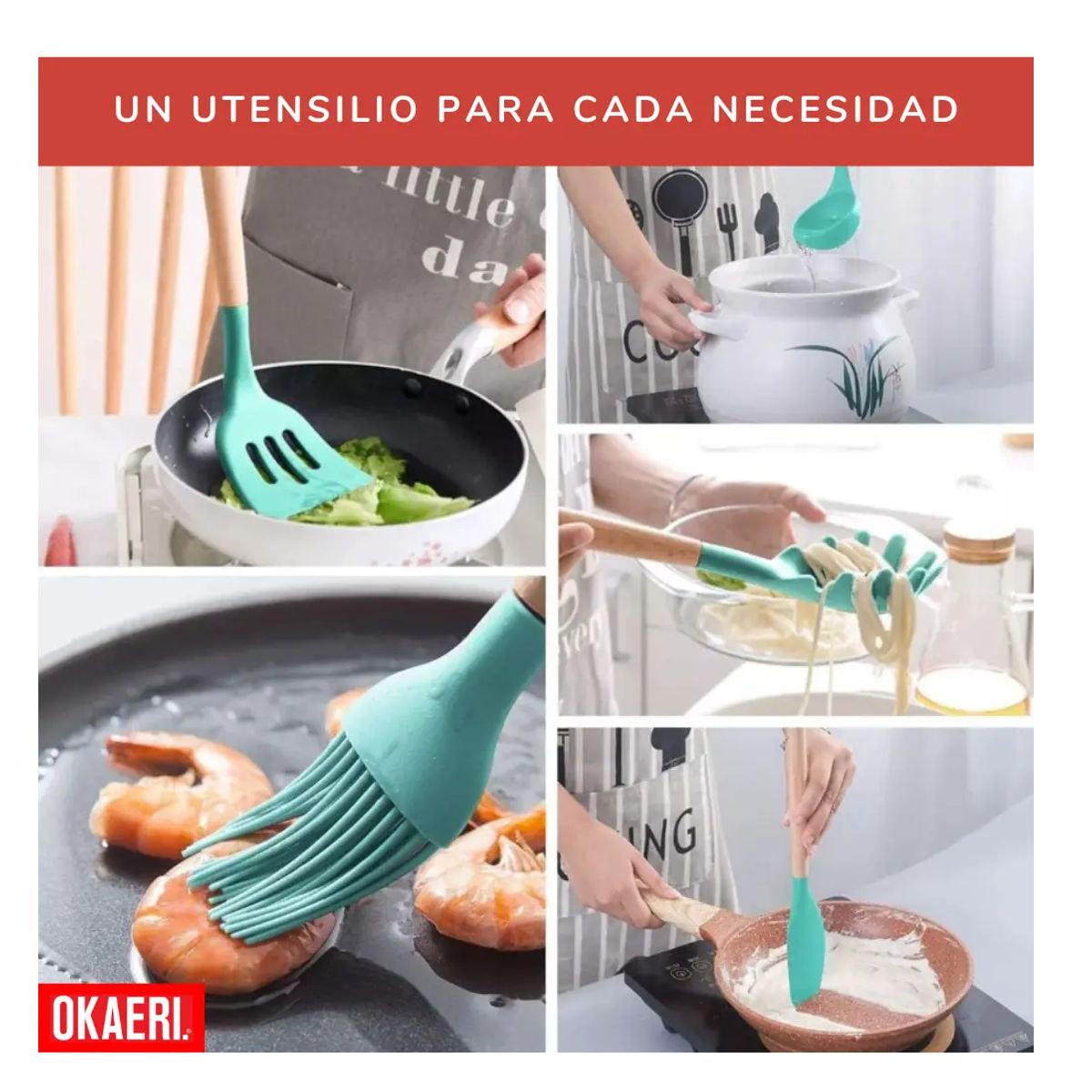 GENERICO - Set Utensilios Silicona Madera Cocina Color Beige