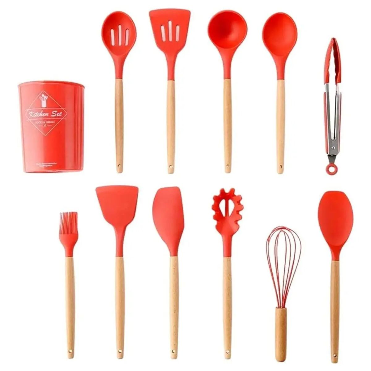 GENERICO - Utensilios Silicona Madera Juego Cucharas Color Rojo