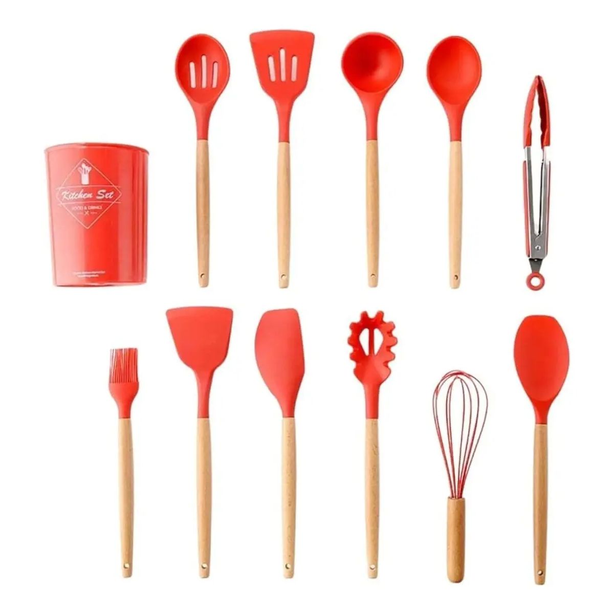 GENERICO - Utensilios Silicona Madera Juego Cucharas Color Rojo