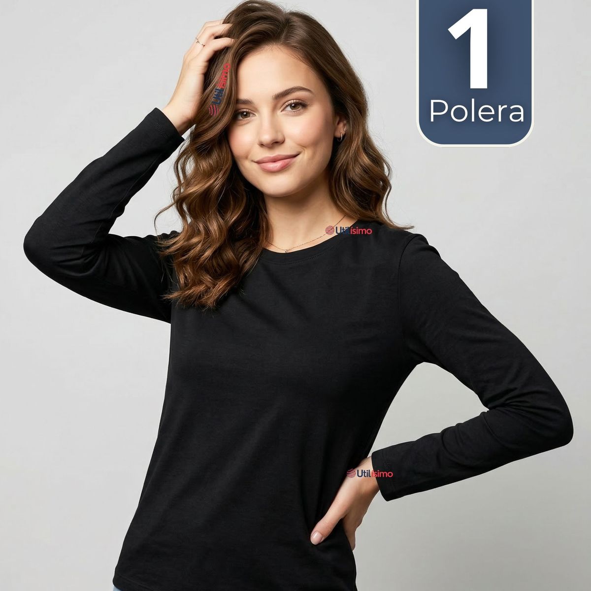 UTILISIMO - Camiseta Polera Bambú Primera Capa Manga Larga Negro Mujer