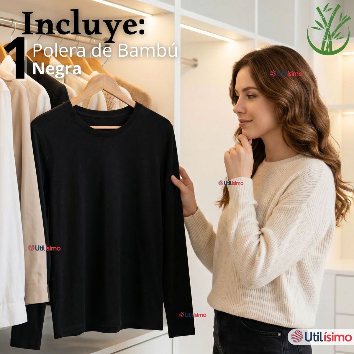 UTILISIMO - Camiseta Polera Bambú Primera Capa Manga Larga Negro Mujer