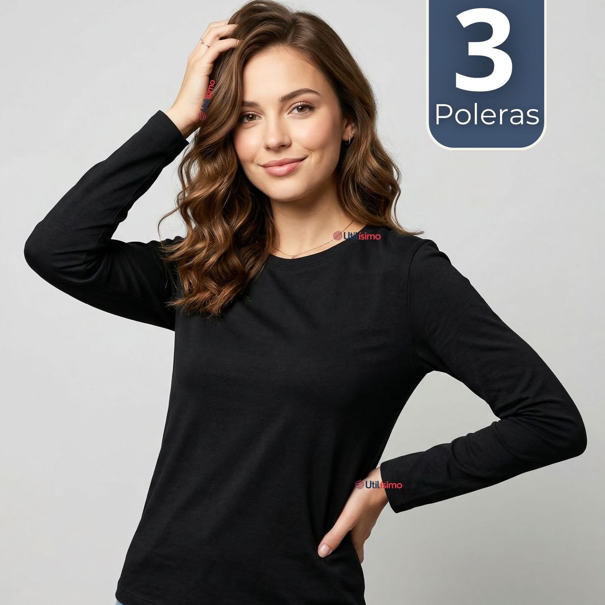UTILISIMO - Pack 3 Camiseta Polera Bambú Primera Capa Manga Larga Negro Mujer
