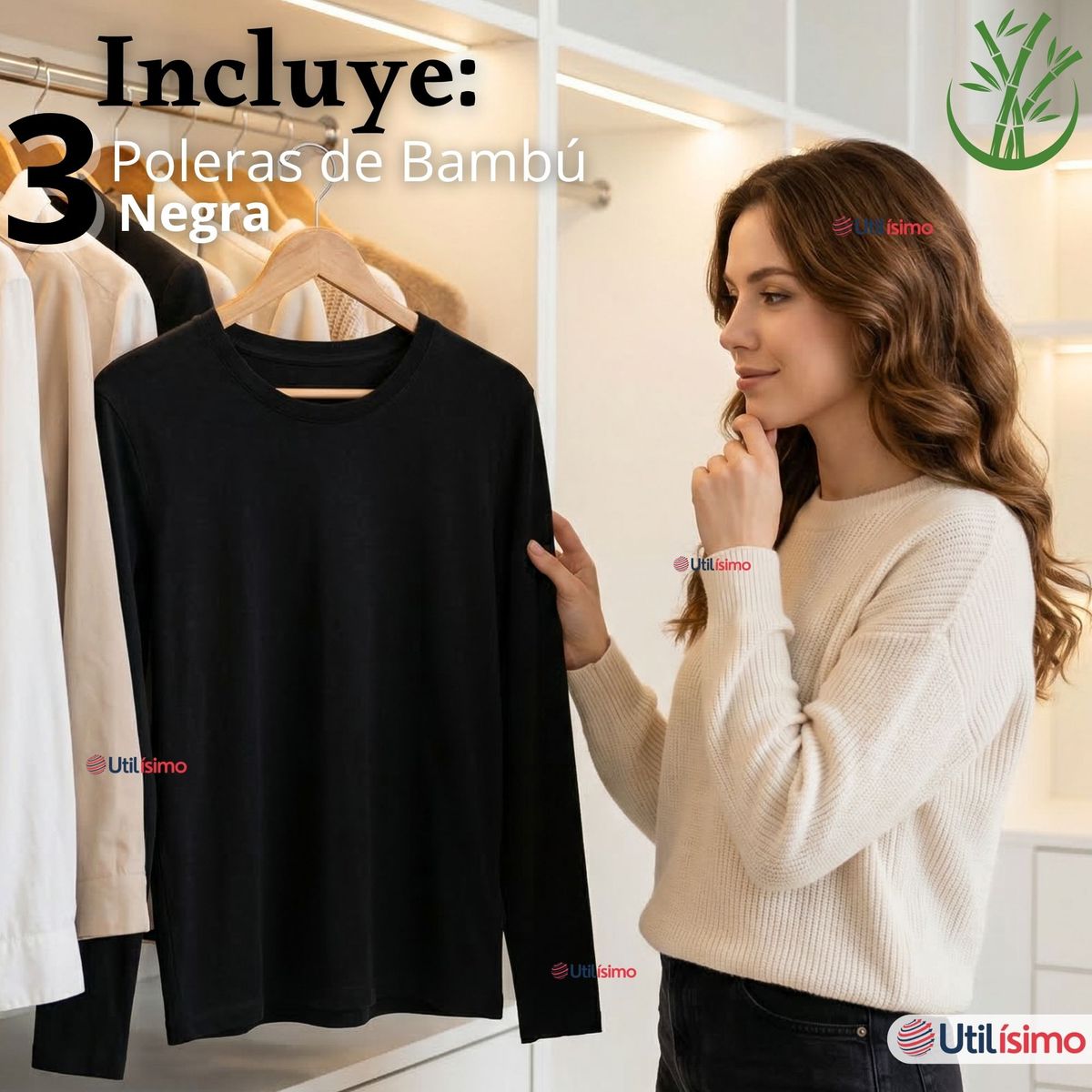 UTILISIMO - Pack 3 Camiseta Polera Bambú Primera Capa Manga Larga Negro Mujer