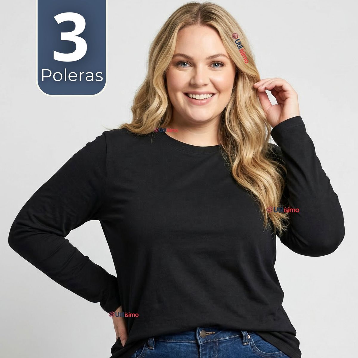 UTILISIMO - Pack 3 Camiseta Polera Bambú Primera Capa Manga Larga Negro Mujer