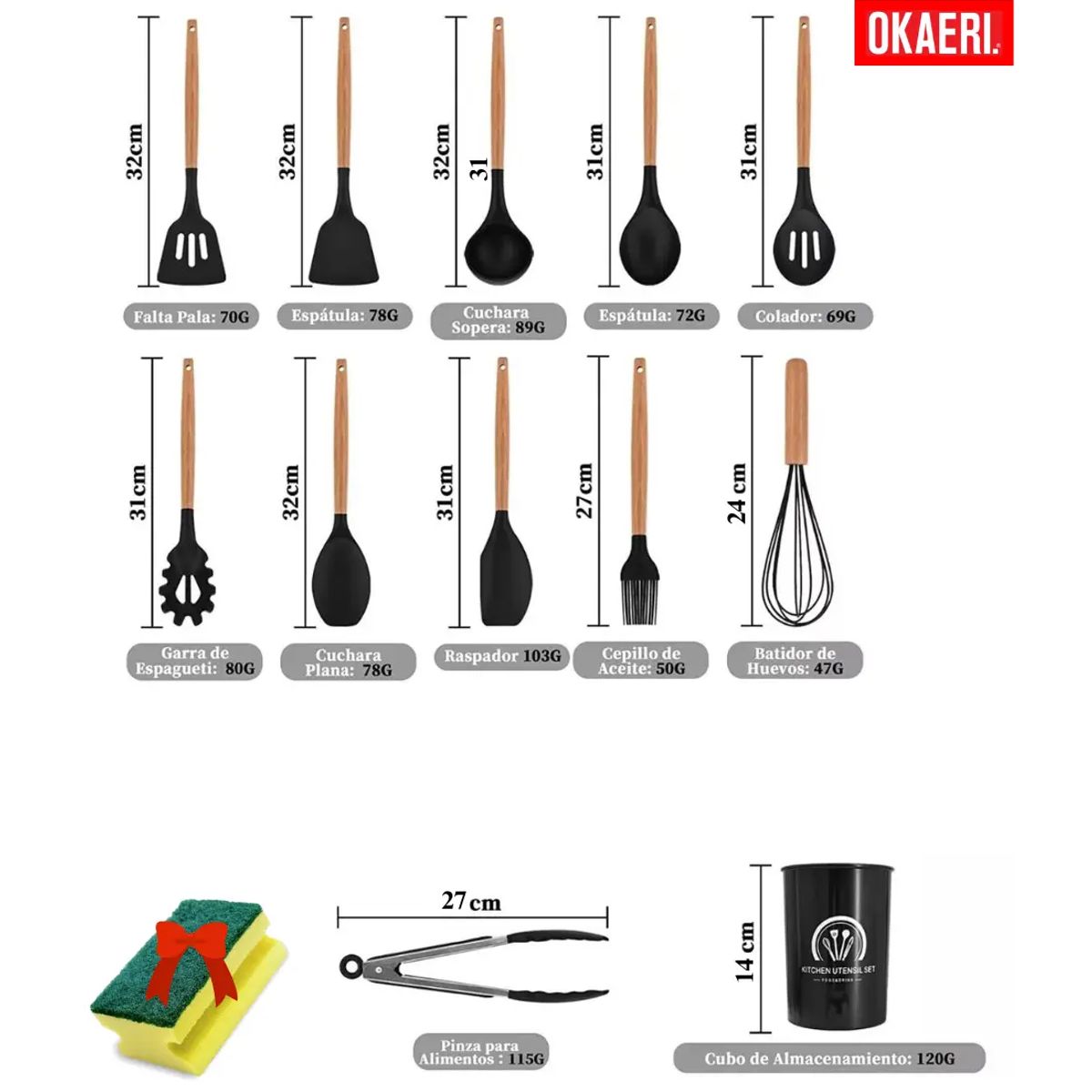 GENERICO - Utensilios Silicona Madera Set Cocina Juego Cucharas Color Turquesa