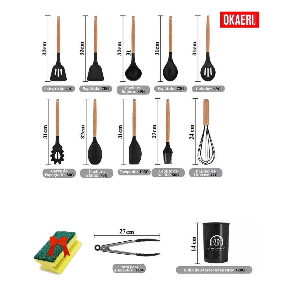GENERICO - Utensilios Silicona Madera Set Cocina Juego Cucharas Color Turquesa