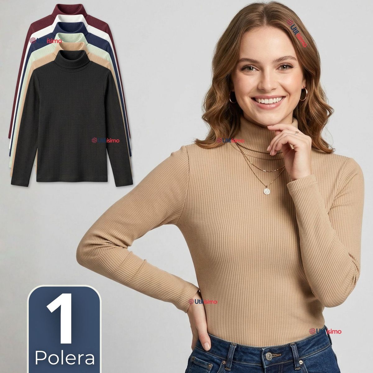 UTILISIMO - Camiseta Polera Polar Primera Capa Acanalada Cuello Beatle Manga Larga Colores Surtidos Mujer