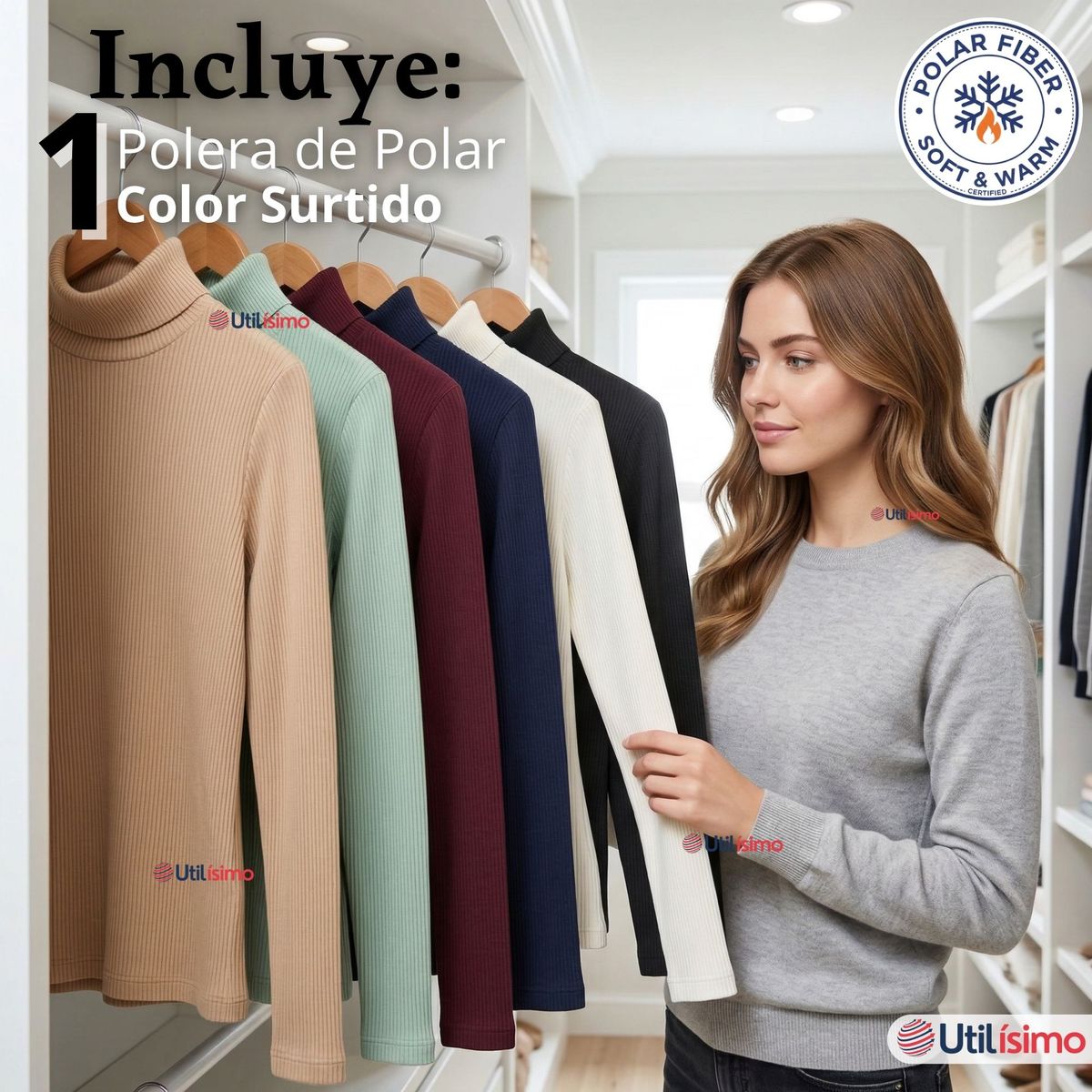 UTILISIMO - Camiseta Polera Polar Primera Capa Acanalada Cuello Beatle Manga Larga Colores Surtidos Mujer