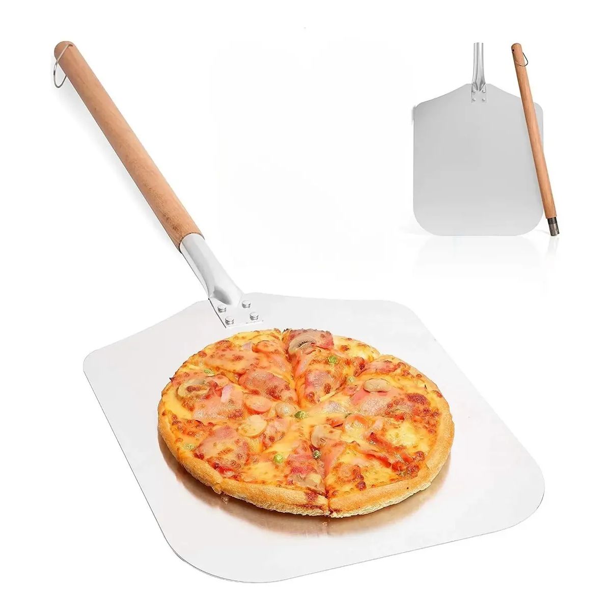 GENERICO - Set Pala Pizza Cortador Espatula Mango Madera Para Servir