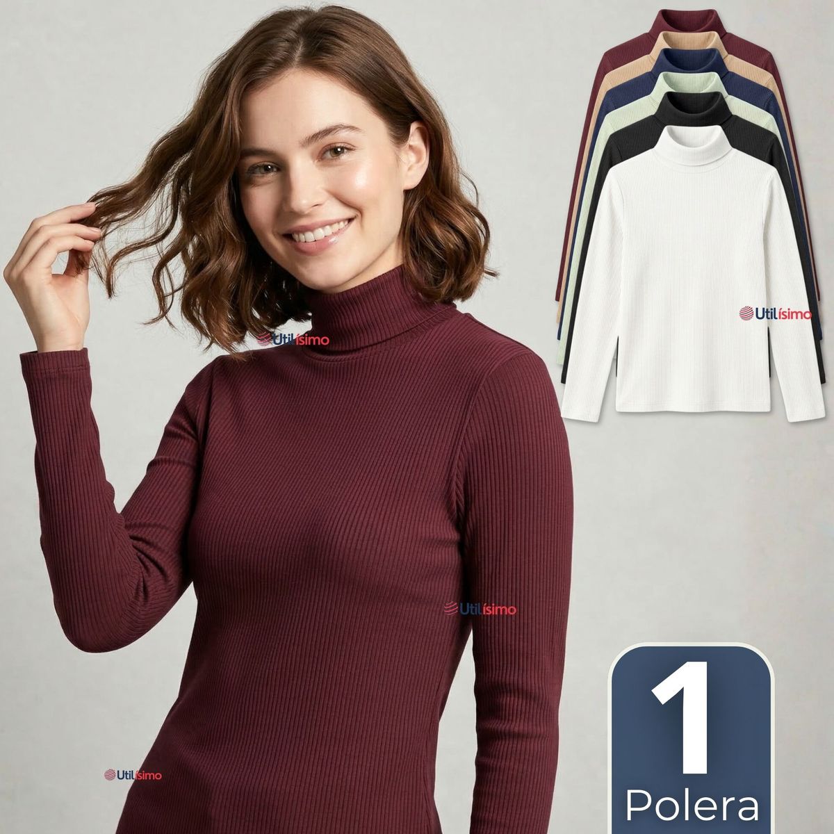UTILISIMO - Camiseta Polera Polar Primera Capa Acanalada Cuello Beatle Manga Larga Colores Surtidos Mujer
