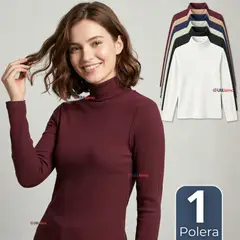 UTILISIMO - Camiseta Polera Polar Primera Capa Acanalada Cuello Beatle Manga Larga Colores Surtidos Mujer